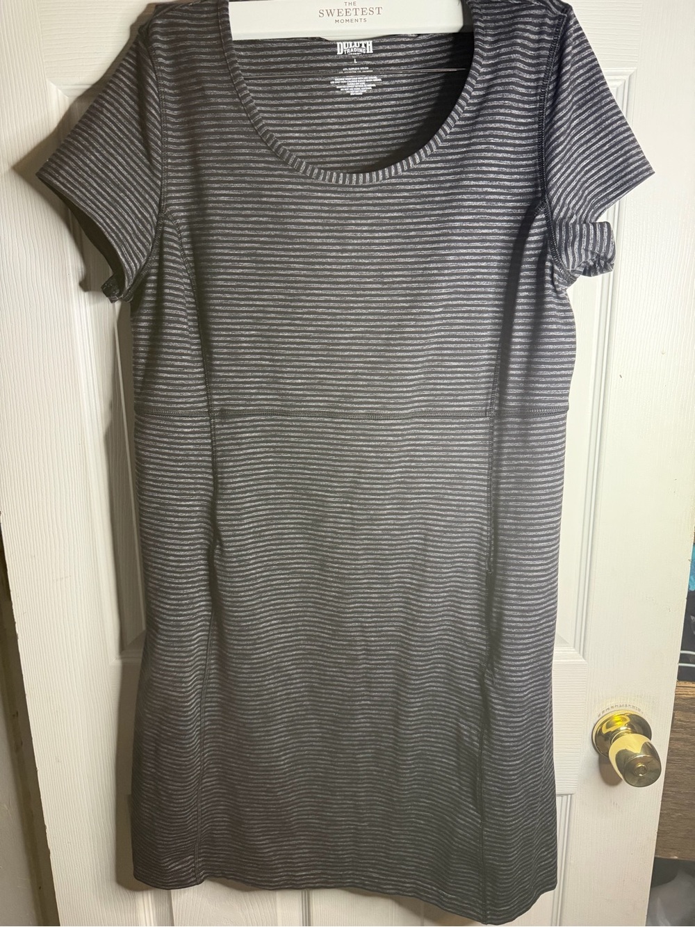 Duluth Trading Co Gray & White Striped Scoop Neck Short Sleeve Tunic